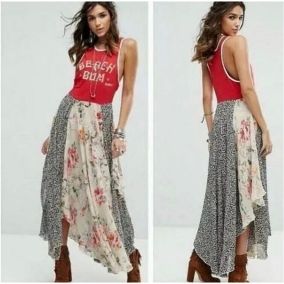 Free People Dresses & Skirts - Free People Beach Bum Maxi Dress  XS Red Multicolor Asymmetrical Hem EUC